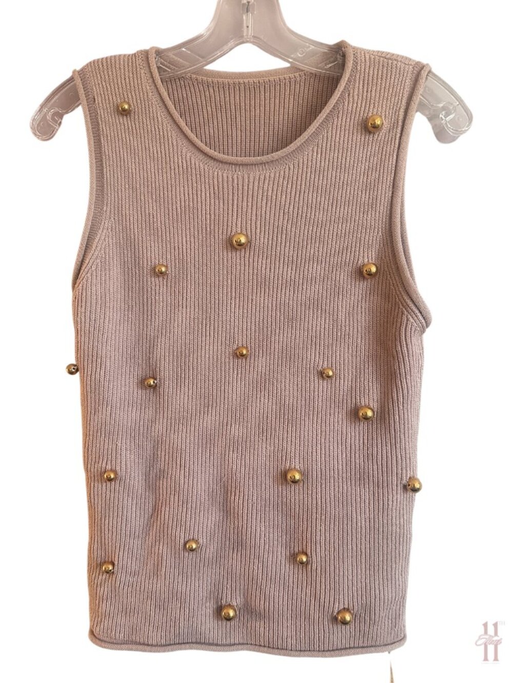 NEW Commense Tan Sleeveless Gold Ball Accented Sweater Top - Misses Small